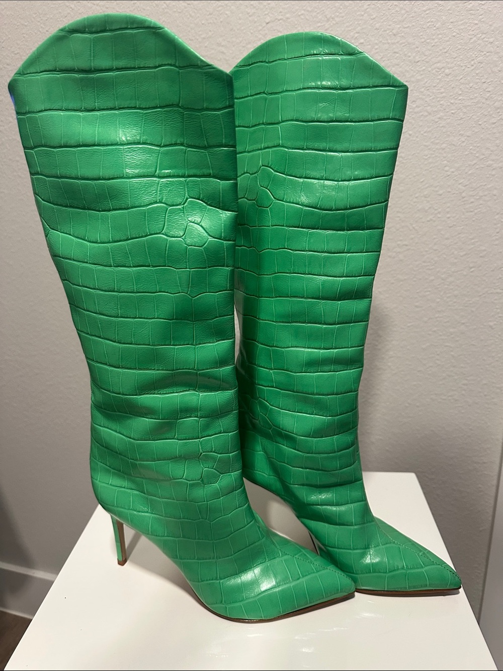 SCHUTZ Croc-Embossed Green Stiletto Boots
